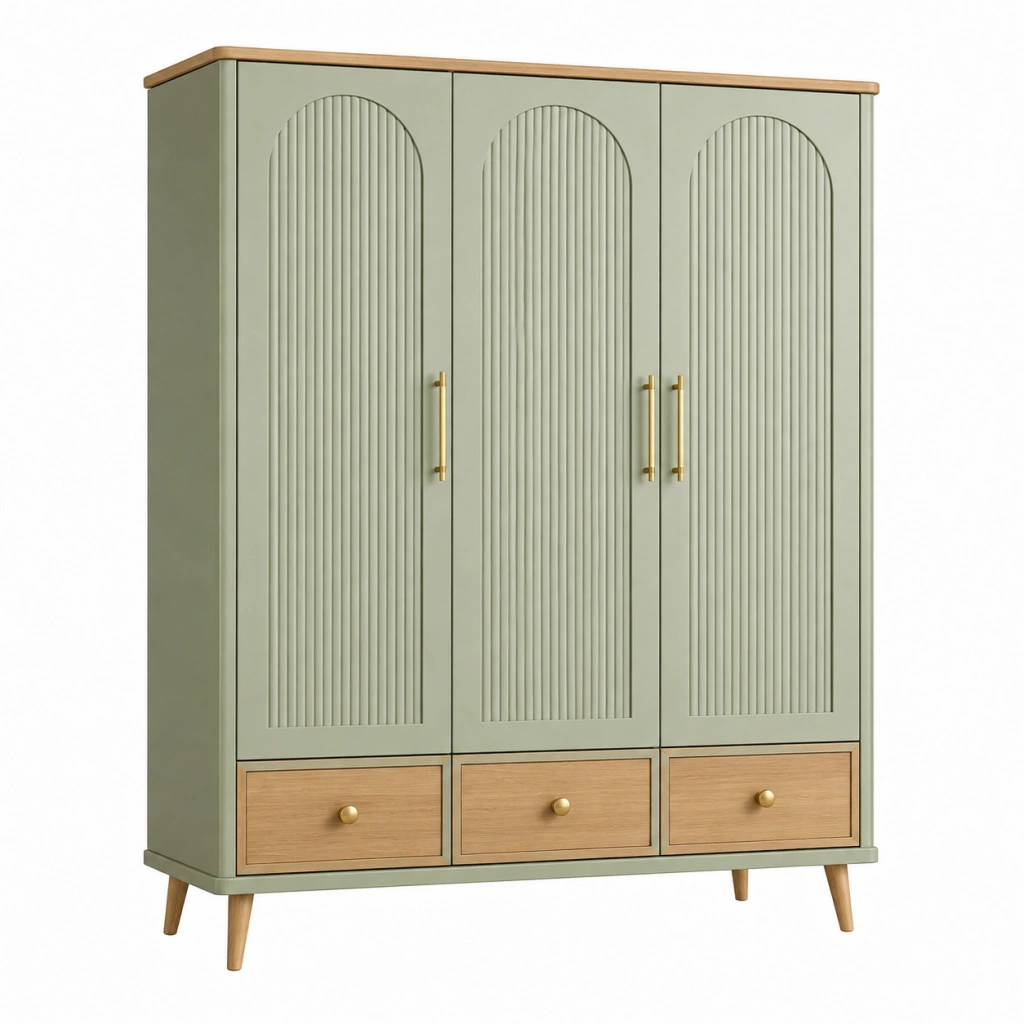Armadio guardaroba 150 x 55 x 200 cm in legno verde salvia con 3 ante e 3 cassetti stile moderno