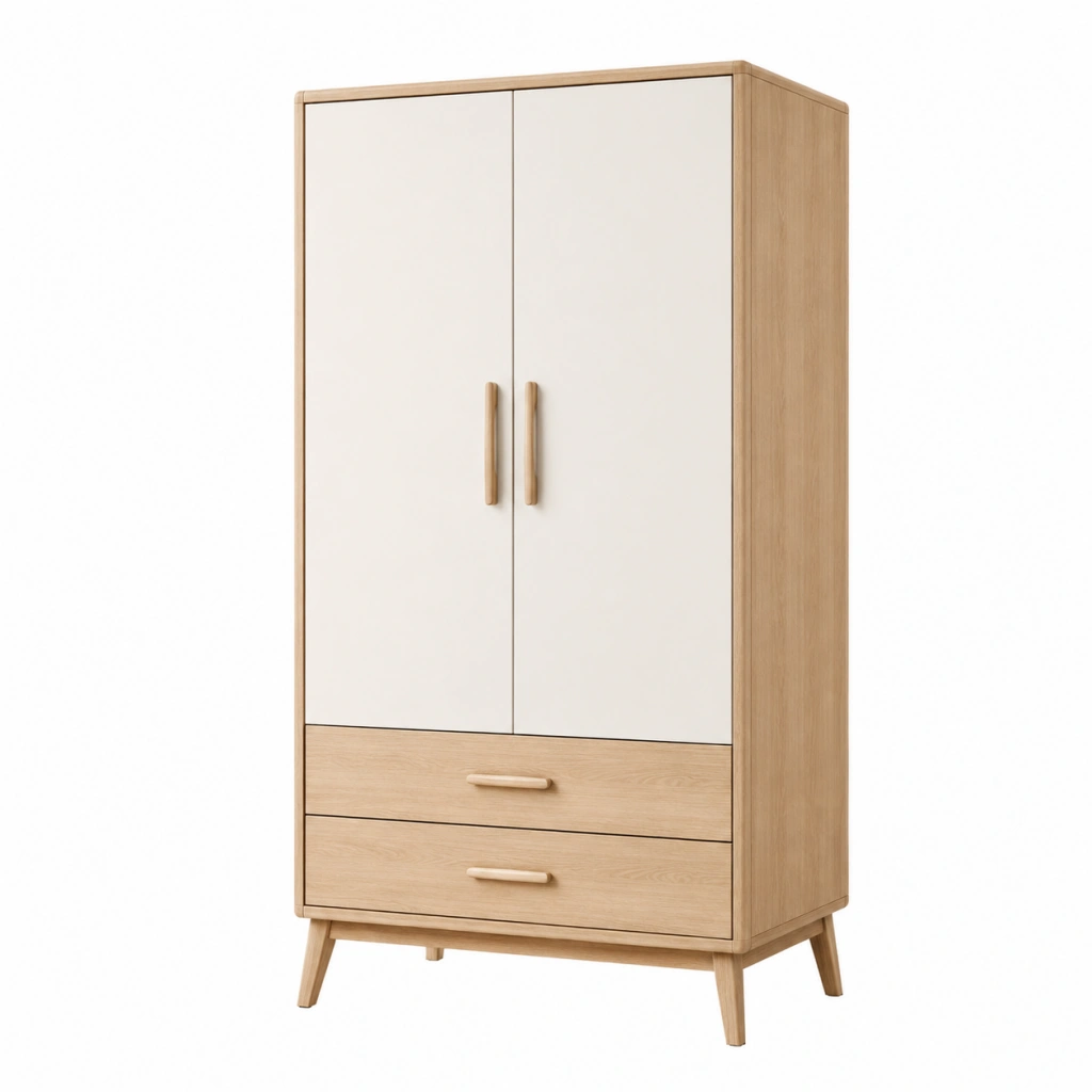 Armadio 90 x 55 x 180 cm in legno naturale e bianco con 2 ante 2 cassetti stile nordico