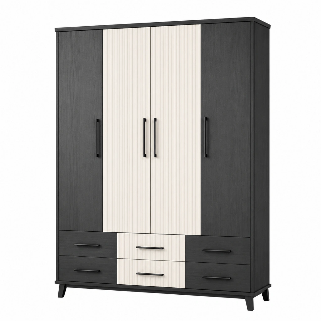 Armadio 160 x 52 x 200 cm a 4 ante e 6 cassetti in legno nero e bianco stile moderno