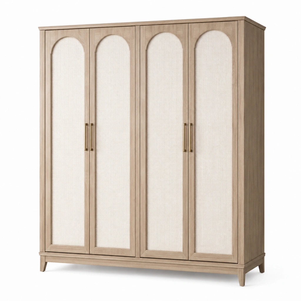 Armadio 200 x 60 x 220 cm in legno beige con ante in fibra intrecciata - guardaroba stile naturale