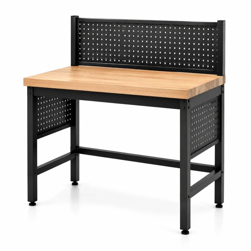 Banco da lavoro 120 x 60 cm in legno e metallo nero stile industriale con pannello forato