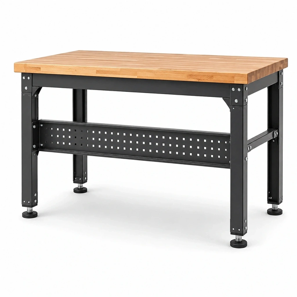 Banco da lavoro 152 x 61 x 86 cm in legno naturale e acciaio nero - struttura industriale con piedini regolabili