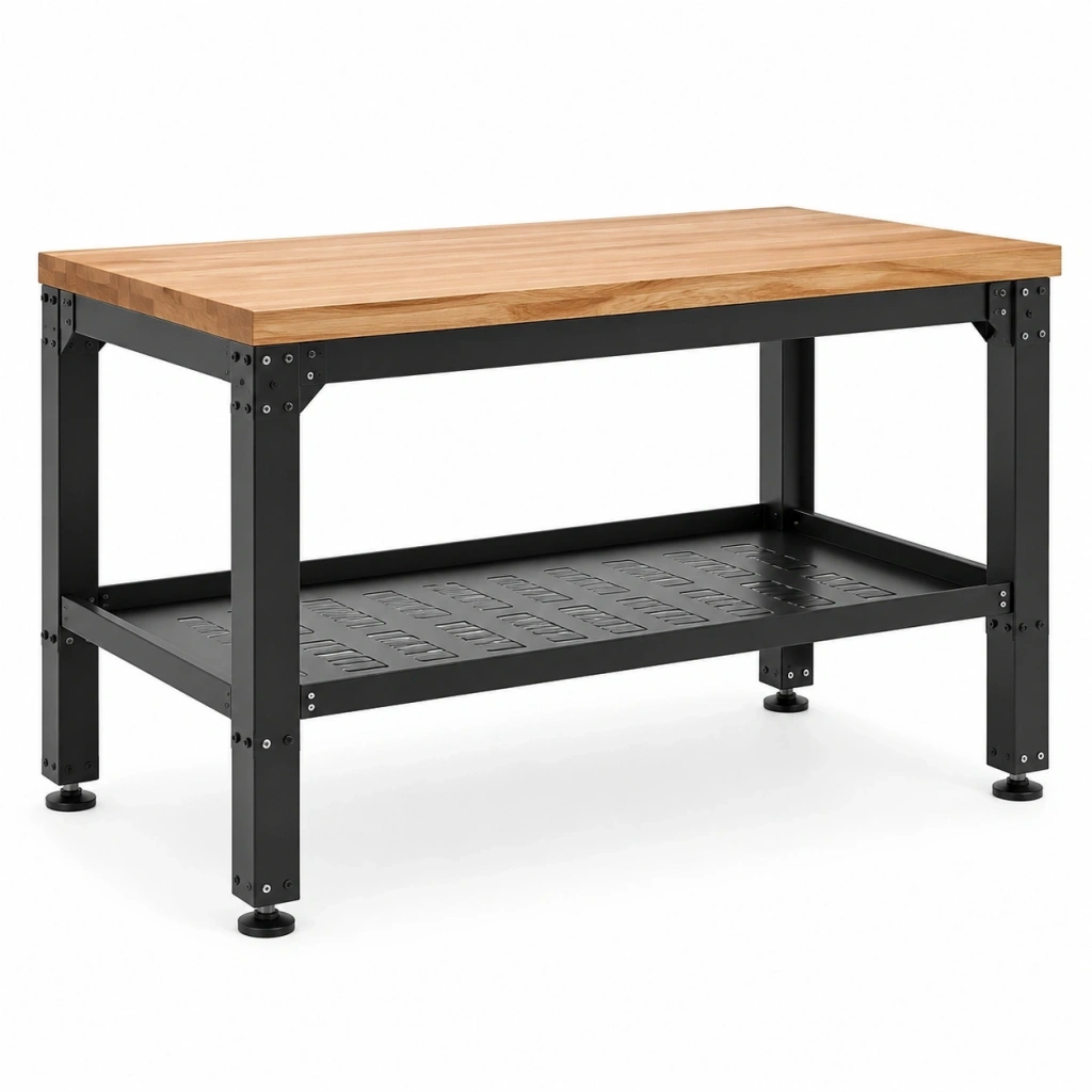 Banco da lavoro 120 x 60 x 90 cm in legno e metallo nero con ripiano inferiore stile industriale
