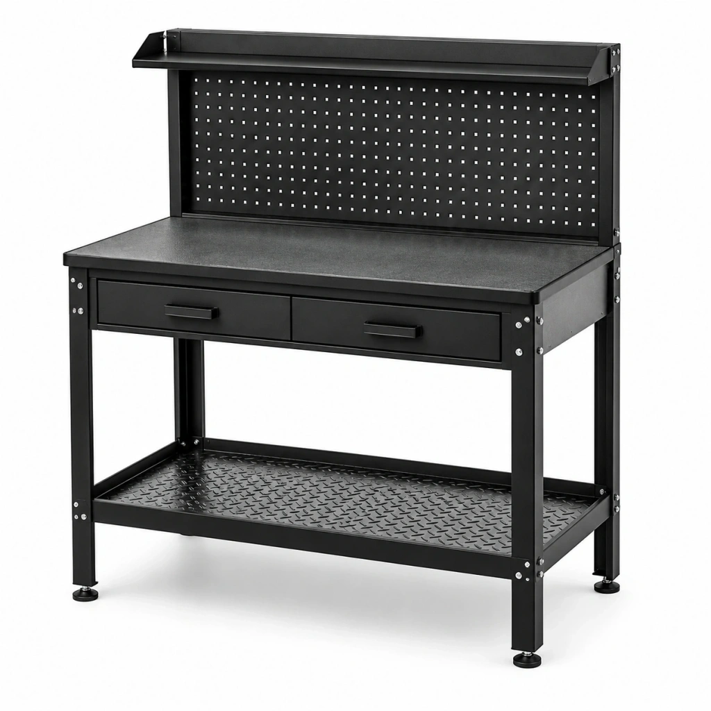 Banco da lavoro 120 x 60 x 150 cm in acciaio nero con pannello portautensili e 2 cassetti