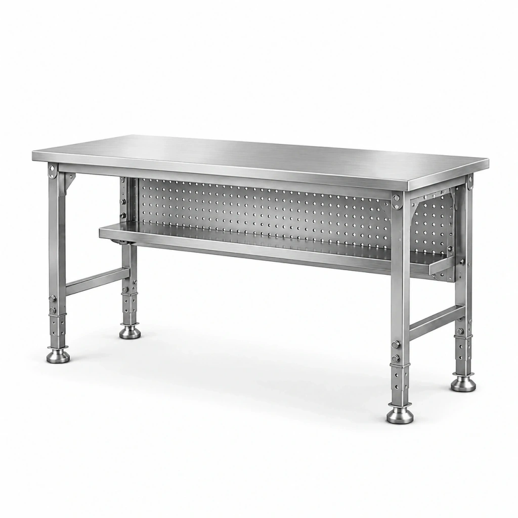Banco da lavoro 120 x 60 x 85 cm in acciaio inox argento con pannello portautensili e ripiano