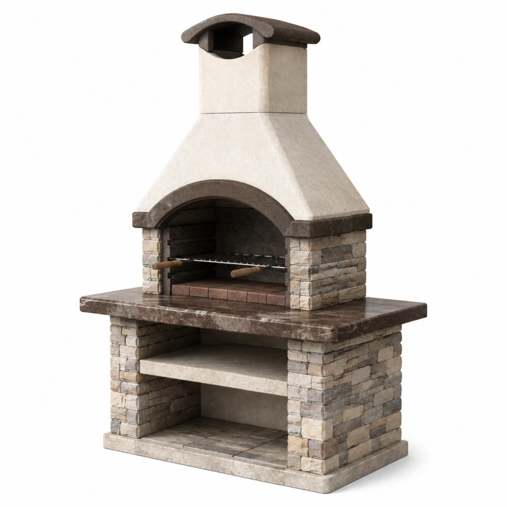 Forno da esterno 140 x 90 x 220 cm in pietra beige per cottura a legna - con piano di lavoro e griglia