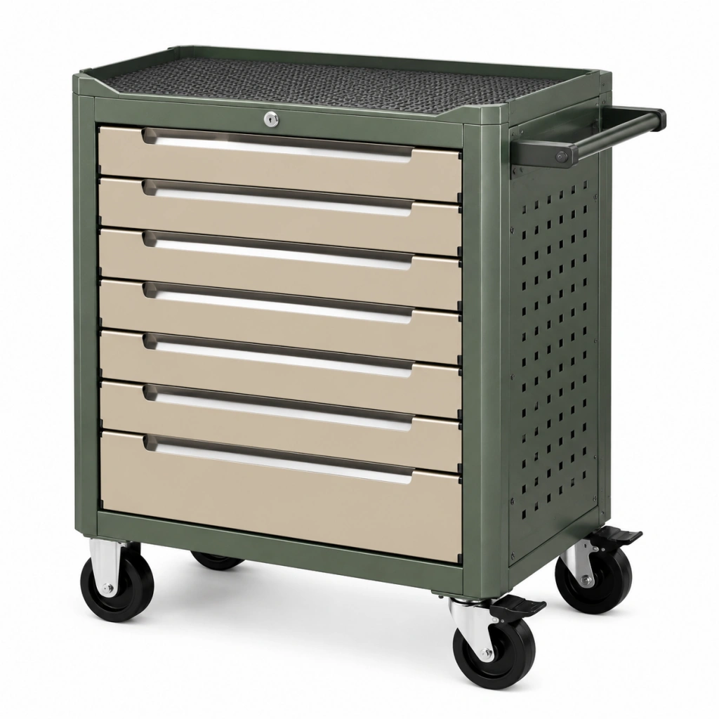 Carrello portautensili 80 x 50 x 95 cm in acciaio verde e beige con 7 cassetti e ruote