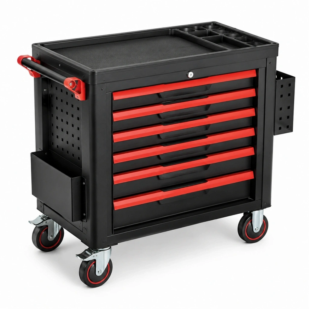Carrello portautensili 78 x 46 x 98 cm in acciaio nero rosso con 6 cassetti per officina