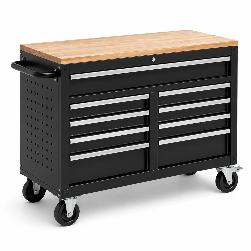 Carrello portautensili 100 x 50 x 85 cm in acciaio nero con piano in legno e 9 cassetti