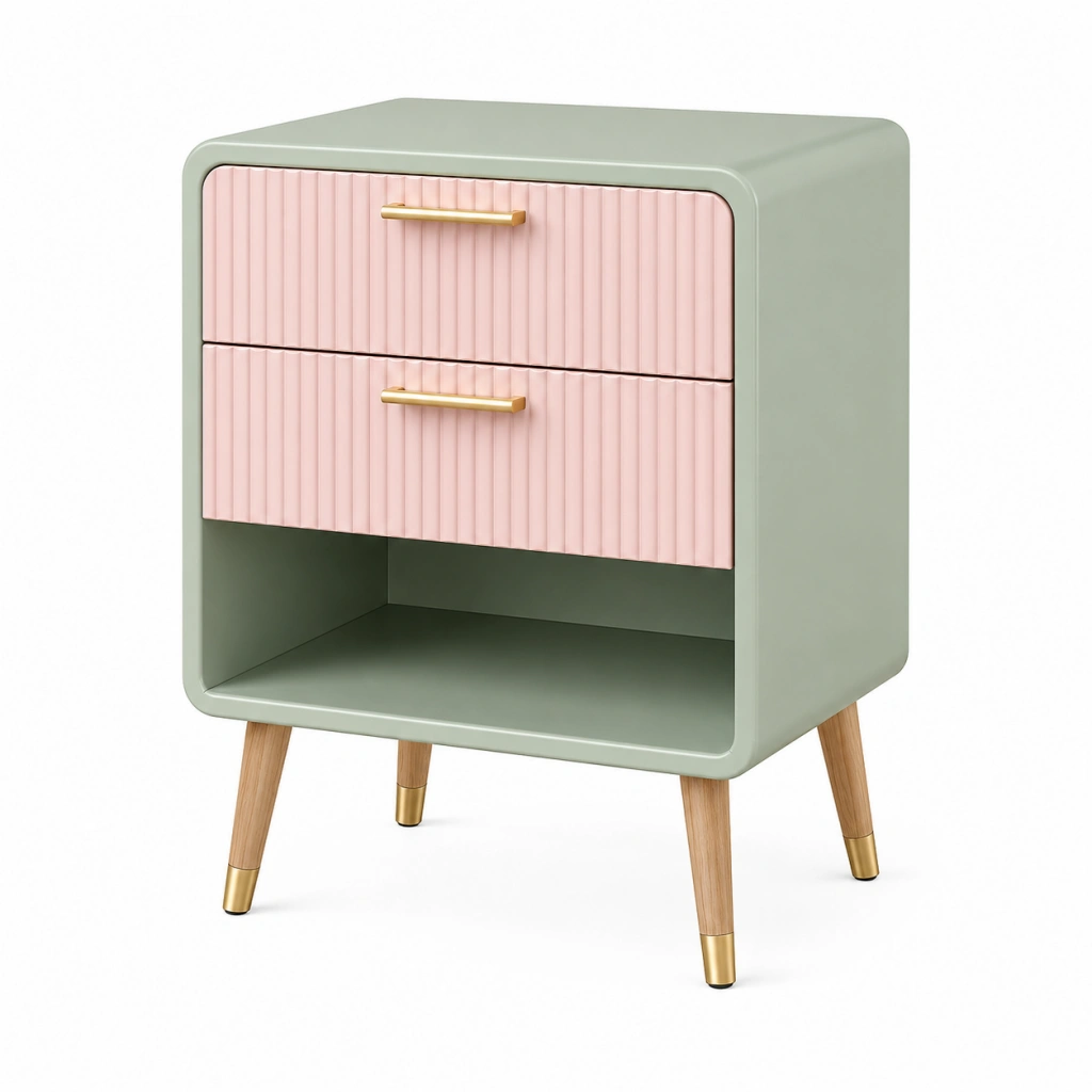 Comodino 50 x 40 x 65 cm in MDF verde salvia e rosa - due cassetti e vano aperto