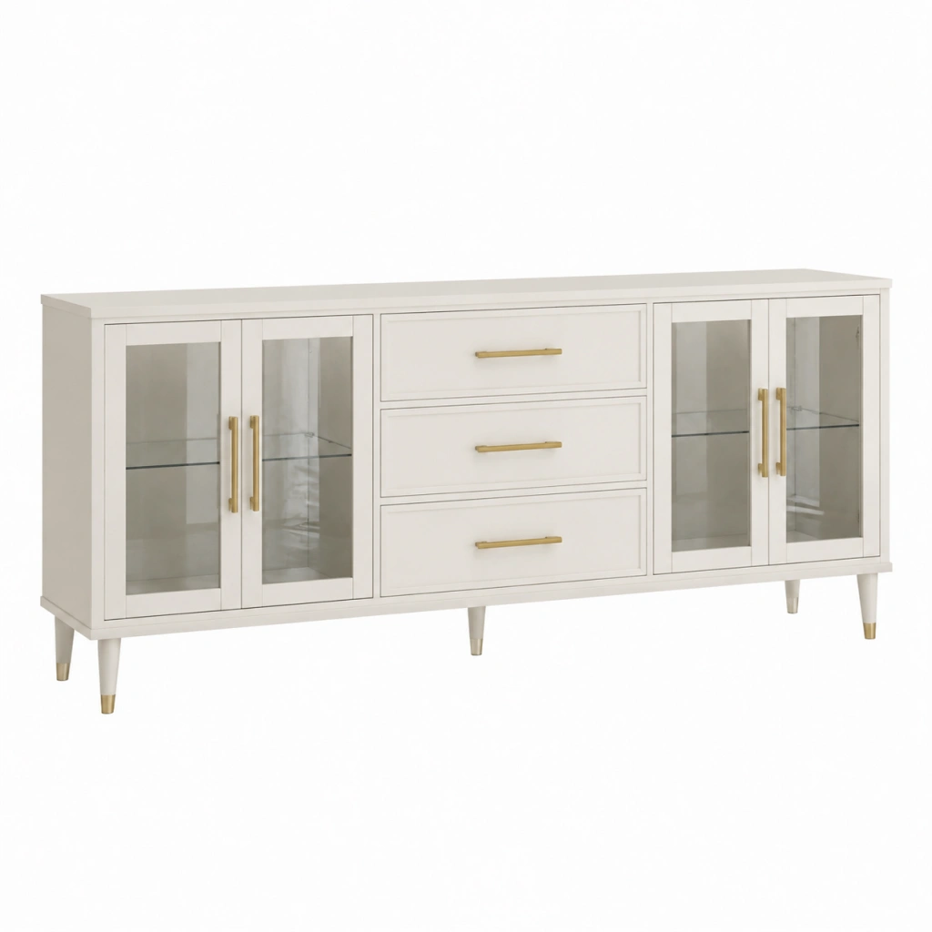 Credenza 180 x 45 x 85 cm in legno e vetro bianco - stile moderno con 3 cassetti