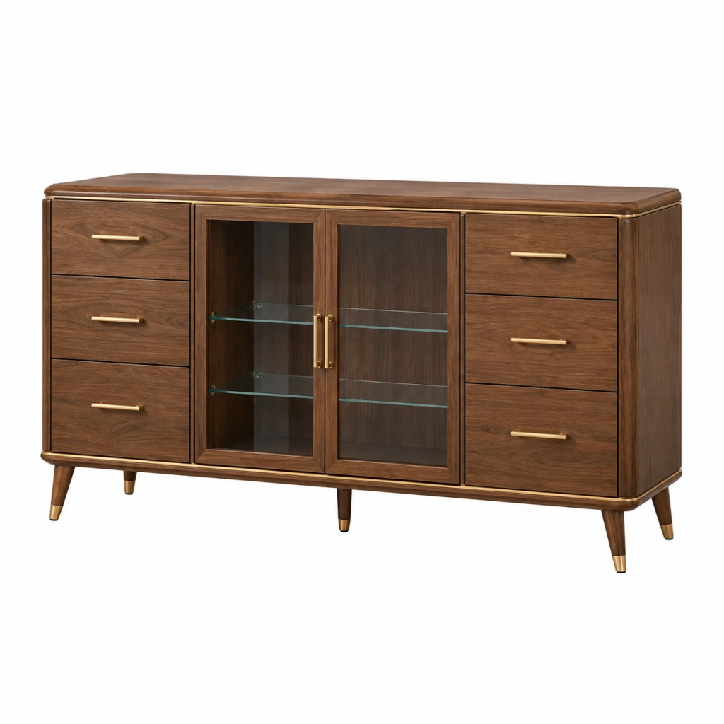 Credenza 180 x 45 x 90 cm in legno marrone con vetrina e cassetti stile retrò