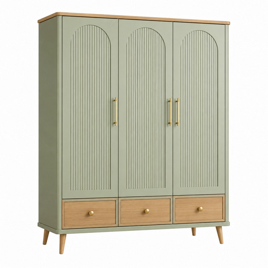 Armadio guardaroba 150 x 55 x 200 cm in legno verde salvia con 3 ante e 3 cassetti stile moderno