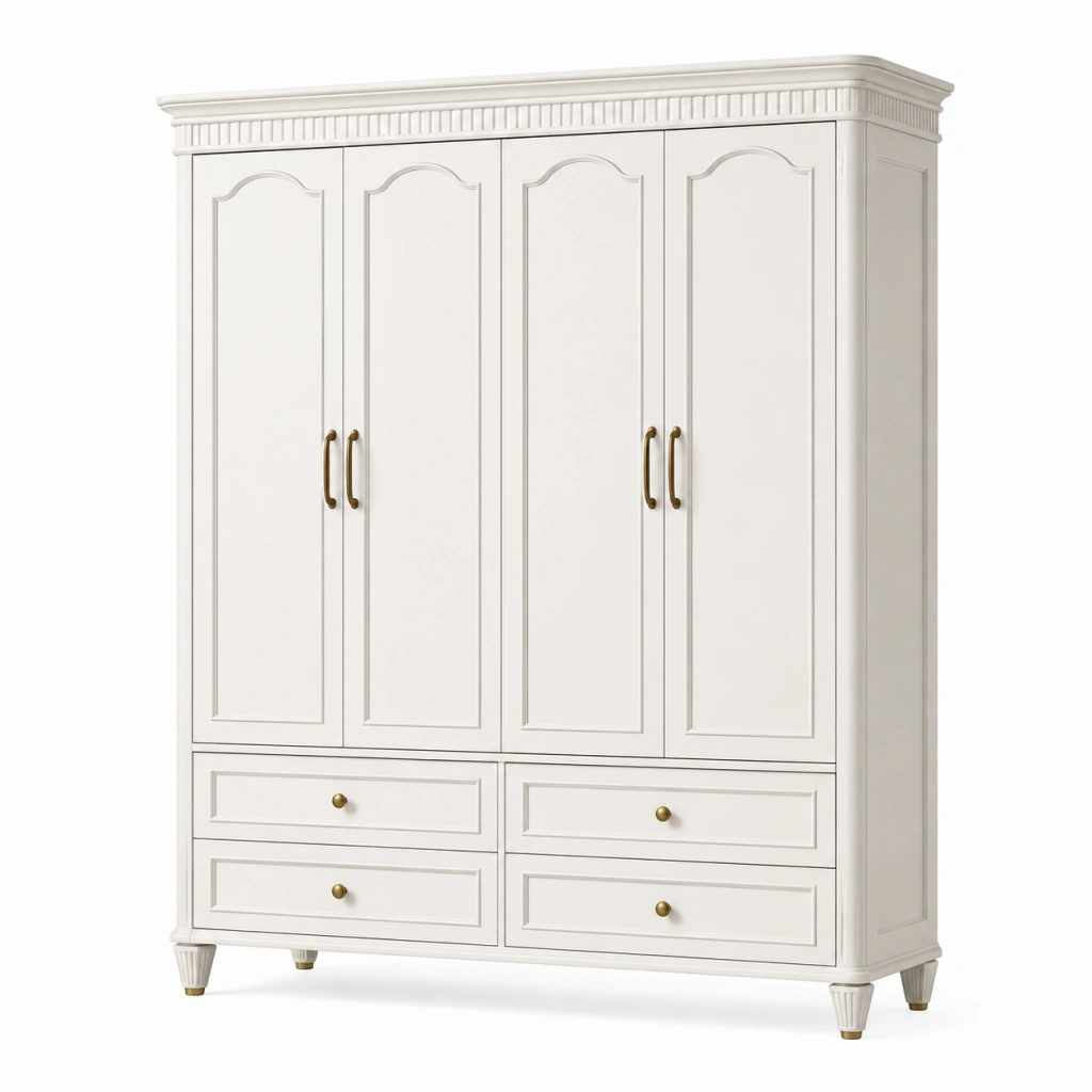 Armadio guardaroba 160 x 60 x 210 cm in legno bianco stile classico con 4 ante e 4 cassetti