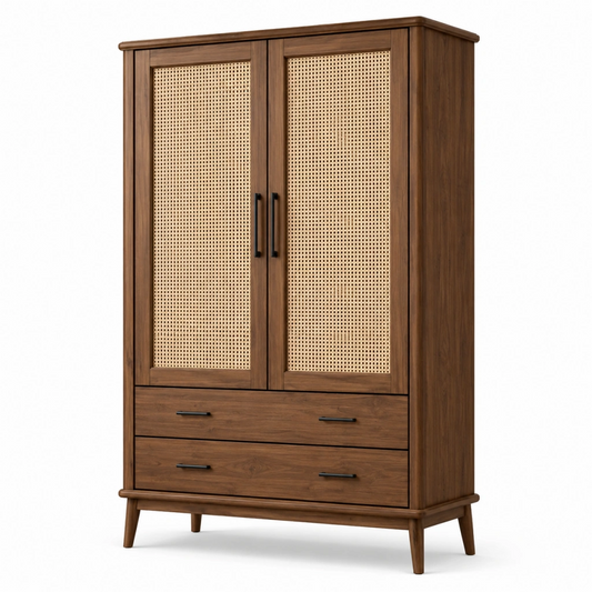 Armadio 100 x 55 x 190 cm in legno marrone con ante in rattan stile rétro