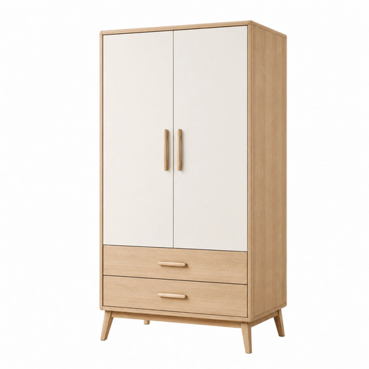Armadio 90 x 55 x 180 cm in legno naturale e bianco con 2 ante 2 cassetti stile nordico