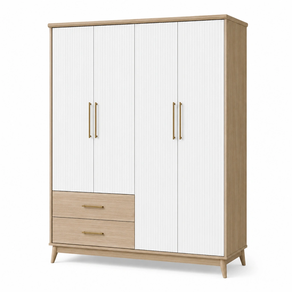 Armadio 120 x 55 x 200 cm in legno ingegnerizzato bianco e rovere chiaro con 4 ante e 2 cassetti stile moderno