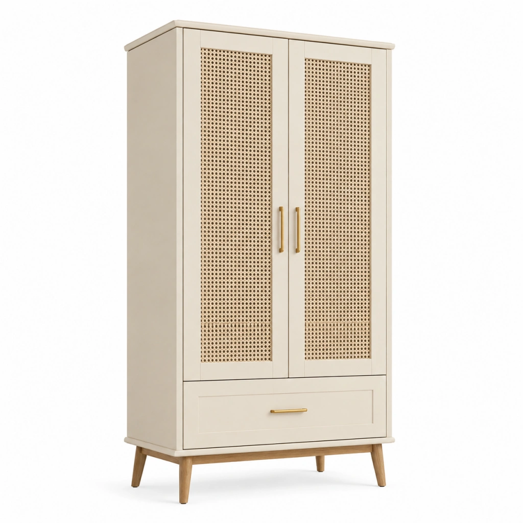 Armadio 90 x 45 x 180 cm in legno beige con ante in rattan e cassetto stile naturale