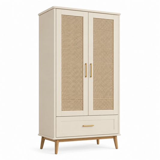 Armadio 90 x 45 x 180 cm in legno beige con ante in rattan e cassetto stile naturale