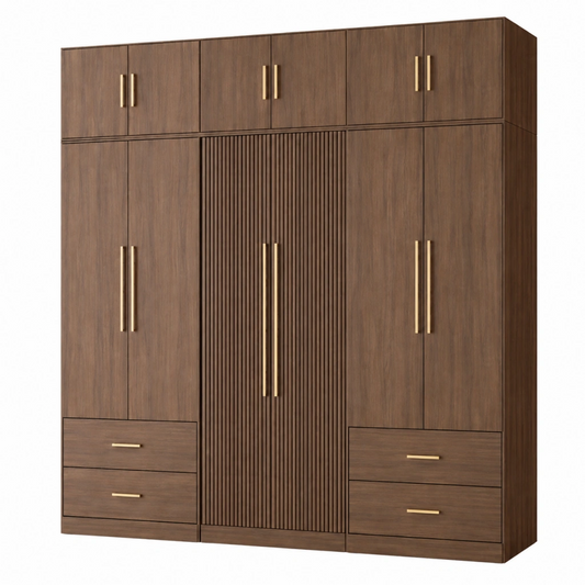 Armadio guardaroba 240 x 60 x 240 cm effetto legno noce con 12 ante e 4 cassetti stile moderno