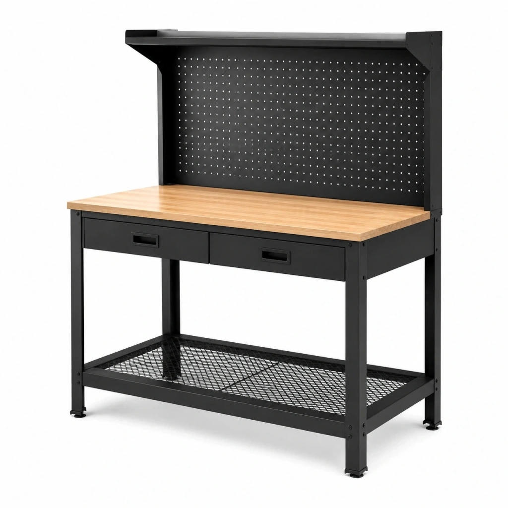 Banco da lavoro 120 x 60 x 180 cm in acciaio nero e legno con pannello portautensili