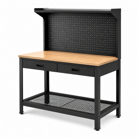 Banco da lavoro 120 x 60 x 180 cm in acciaio nero e legno con pannello portautensili