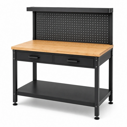 Banco da lavoro 120 x 60 x 150 cm in acciaio e bambù nero/naturale con pannello forato e cassetti