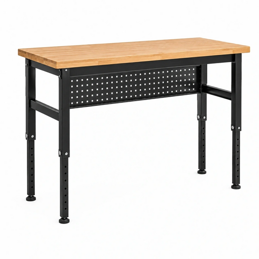 Banco da lavoro 120 x 60 x 91.5 cm in bambù e acciaio nero regolabile stile industriale