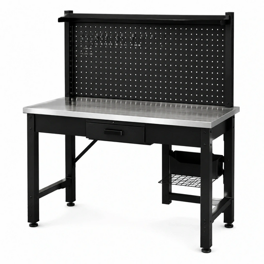 Banco da lavoro 120 x 60 x 150 cm in acciaio nero e argento con pannello portautensili e cassetto