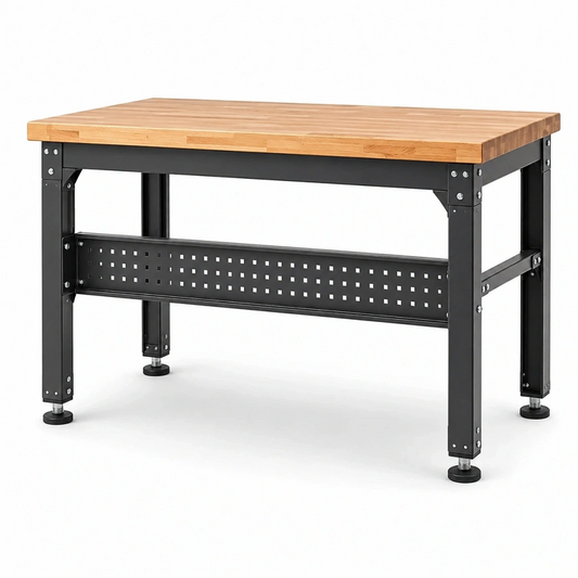 Banco da lavoro 152 x 61 x 86 cm in legno naturale e acciaio nero - struttura industriale con piedini regolabili