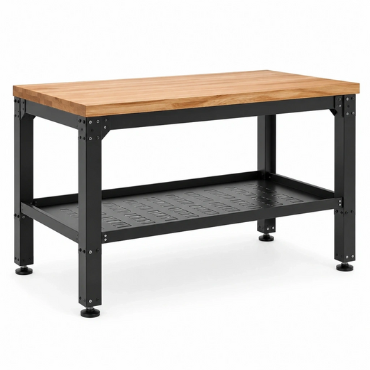 Banco da lavoro 120 x 60 x 90 cm in legno e metallo nero con ripiano inferiore stile industriale