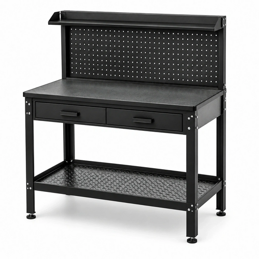 Banco da lavoro 120 x 60 x 150 cm in acciaio nero con pannello portautensili e 2 cassetti