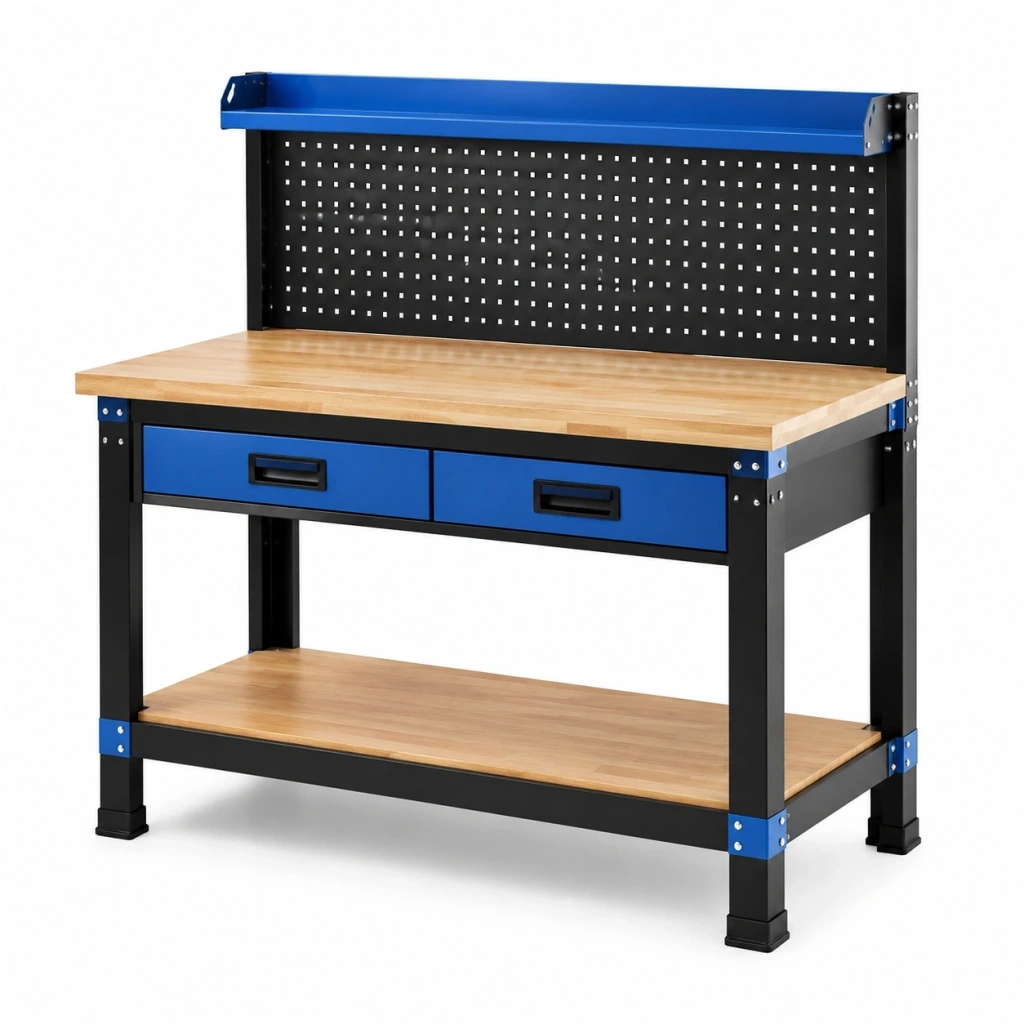 Banco da lavoro 120 x 60 x 150 cm in acciaio e legno nero/blu con pannello portautensili e cassetti