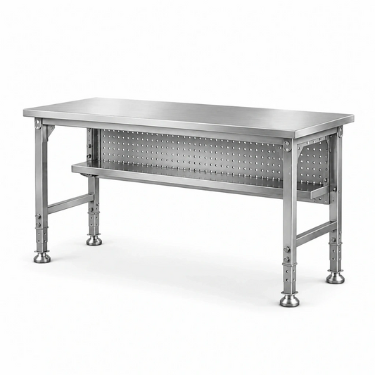 Banco da lavoro 120 x 60 x 85 cm in acciaio inox argento con pannello portautensili e ripiano