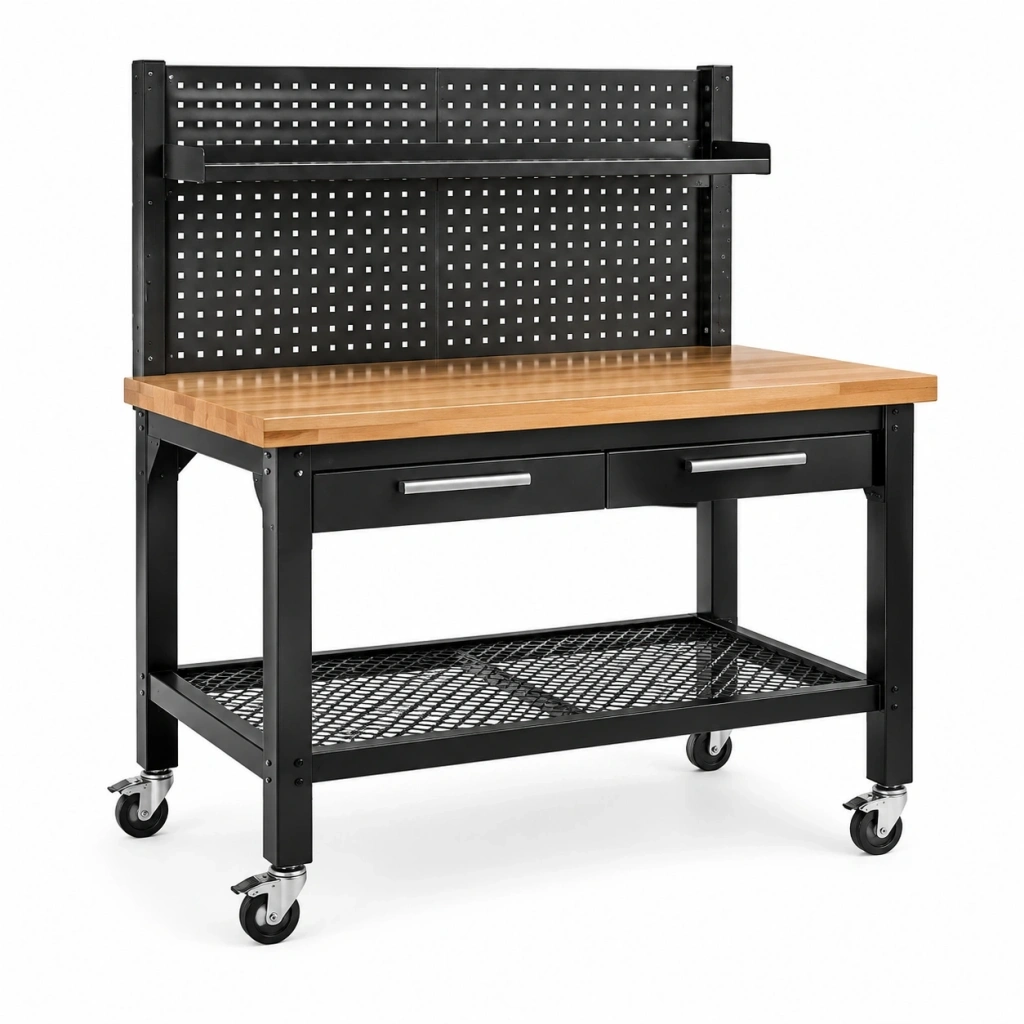 Banco da lavoro 120 x 60 x 160 cm in acciaio nero e legno con pannello forato cassetti e ruote