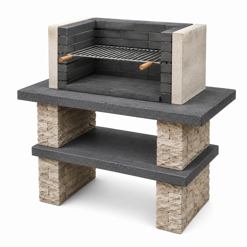 Barbecue in muratura 120 x 70 x 180 cm in pietra grigio beige con griglia in acciaio per esterno