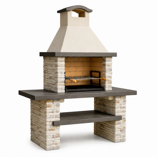 Barbecue da giardino 140 x 70 x 210 cm in pietra beige con griglia in acciaio - stile rustico