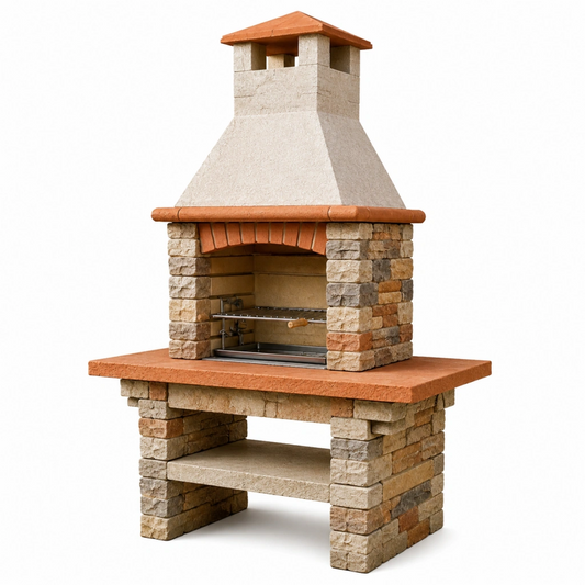 Barbecue da giardino in pietra e terracotta 120 x 80 x 220 cm con camino e griglia in acciaio