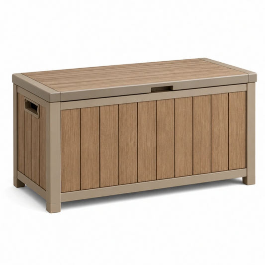 Cassapanca da esterno 120 x 60 x 65 cm in plastica beige effetto legno con coperchio