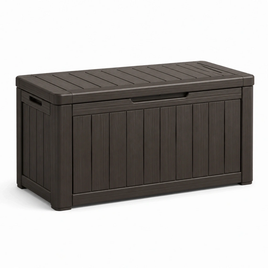 Cassapanca contenitore da esterno 120 x 60 x 65 cm in plastica antracite effetto legno con coperchio
