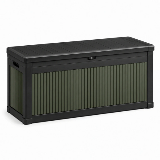 Cassapanca da esterno 120 x 55 x 60 cm in resina nera e verde con coperchio richiudibile