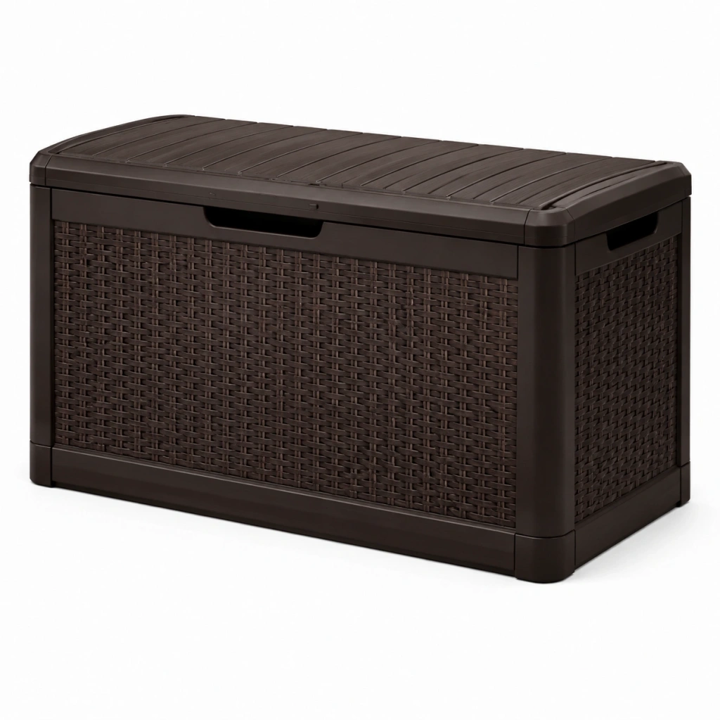 Cassapanca contenitore da esterno 120 x 56 x 60 cm in plastica marrone effetto rattan con coperchio