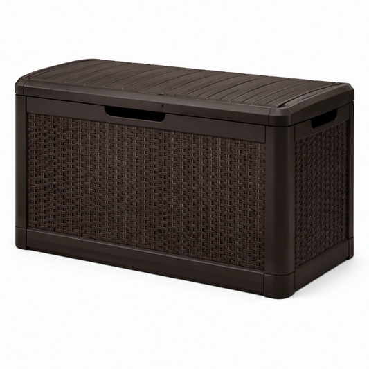 Cassapanca contenitore da esterno 120 x 56 x 60 cm in plastica marrone effetto rattan con coperchio