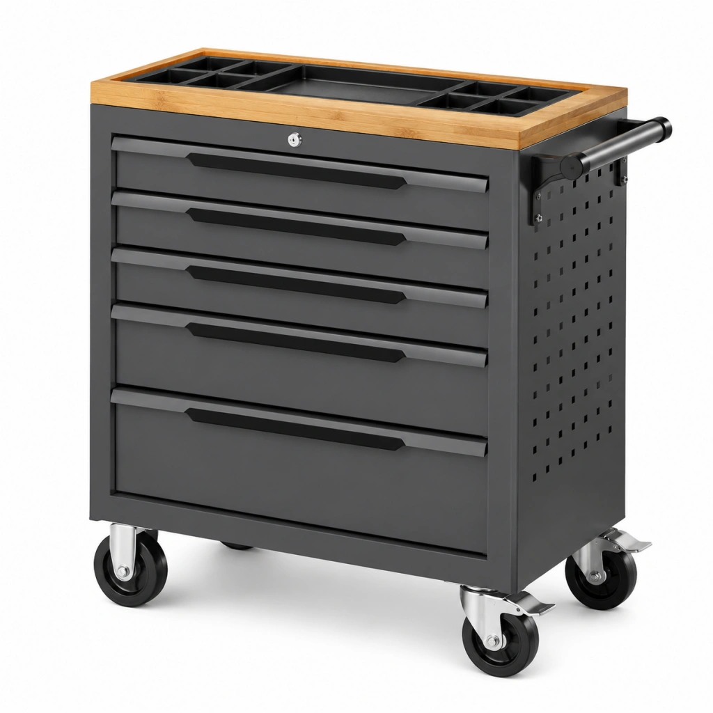Carrello portautensili 78 x 46 x 96 cm in acciaio nero con piano in bambù - 5 cassetti con ruote