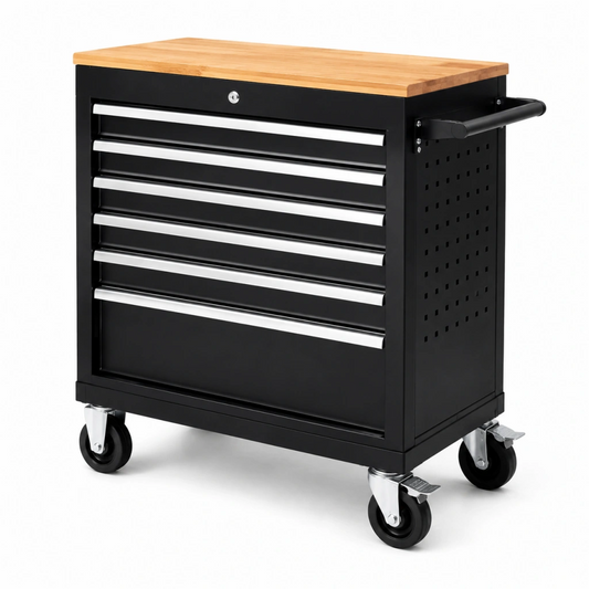Carrello portautensili 76 x 46 x 97 cm in acciaio nero con piano in legno - mobile con cassetti e ruote
