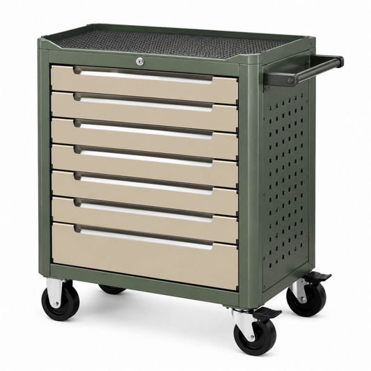 Carrello portautensili 80 x 50 x 95 cm in acciaio verde e beige con 7 cassetti e ruote
