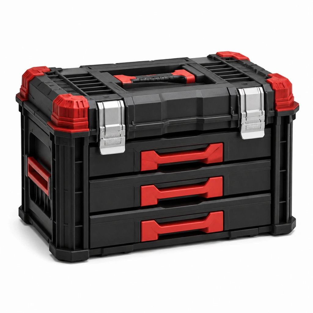 Cassettiera portautensili 50x30x40 cm in plastica nero/rosso con 3 cassetti