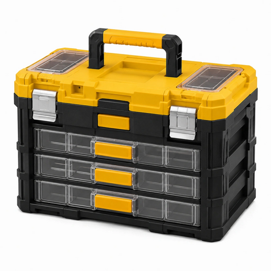 Cassetta portautensili 45 x 25 x 32 cm in plastica giallo nero con 3 cassetti e maniglia