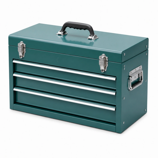 Cassetta portautensili 60 x 30 x 35 cm in acciaio verde petrolio con 3 cassetti e maniglia