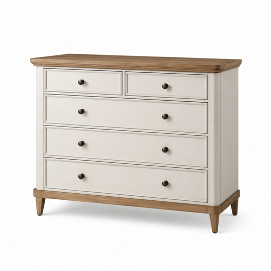 Cassettiera 150 x 45 x 95 cm in legno bianco e marrone - cinque cassetti stile classico